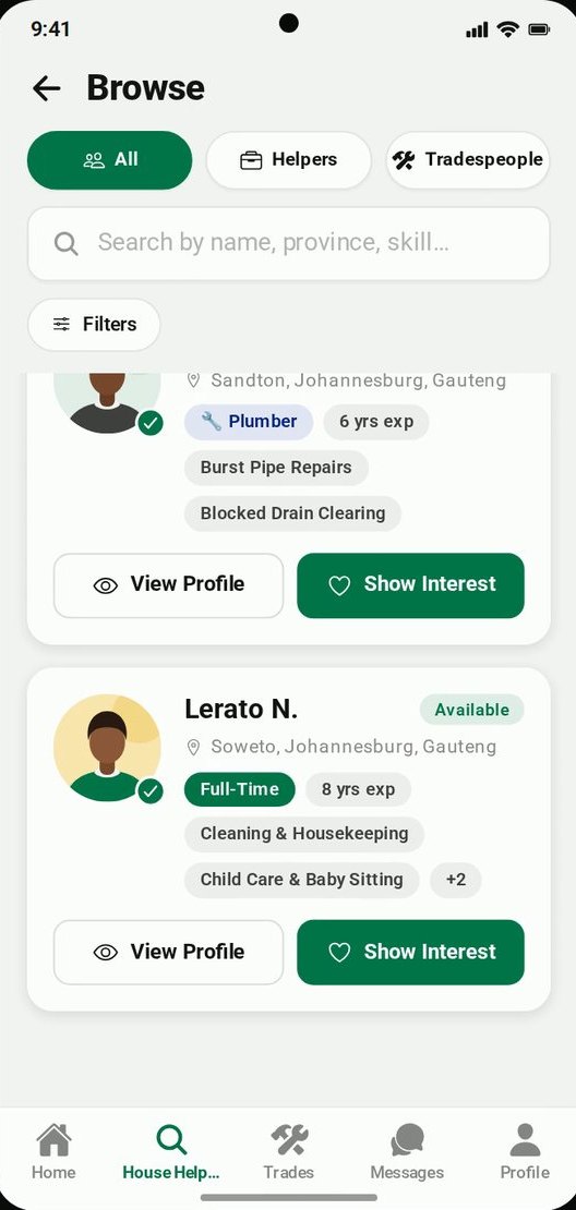 Browse screen showing worker profiles with skills, experience and location