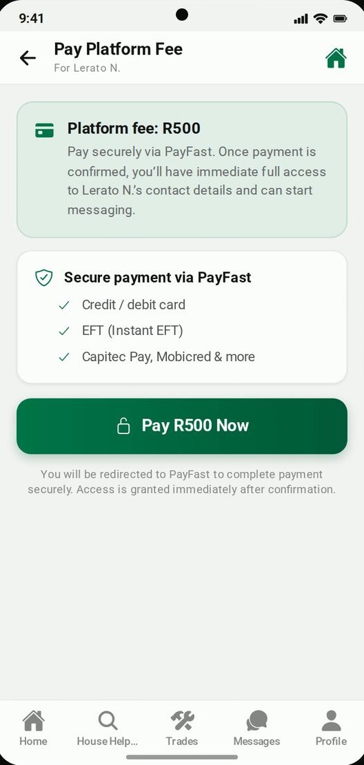 Pay Platform Fee screen with secure payment via PayFast