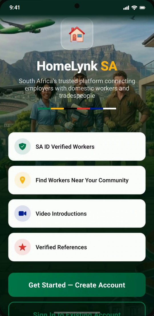 HomeLynk SA welcome screen listing SA ID verified workers, workers near your community, video introductions and verified references